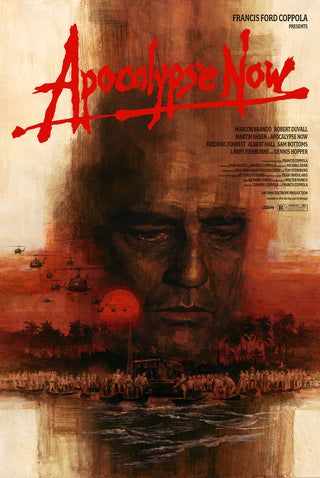 Movie poster for 'Apocalypse Now' with a large face and red sun in the foreground.