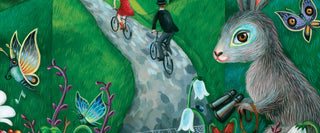 Illustration featuring a bunny rabbit in a field and a man on a bicycle.
