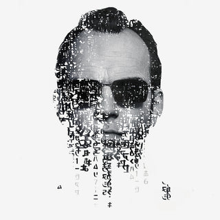 Black and white drawing of a man with sunglasses morphing into text
