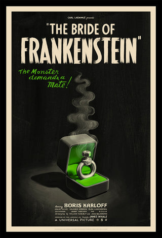 Promotional poster for 'The Bride of Frankenstein' with a green box and ring on a dark background.