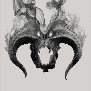 Black and white drawing of a skull with horns on fire