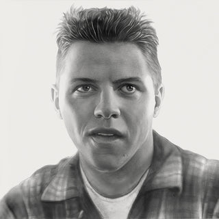 Black and white drawing of a man wearing a plaid shirt