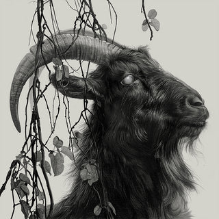 Black and white drawing of a ram
