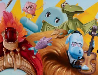 Colorful illustration of cartoon characters with a dragon, fish, and other elements on a vibrant background.