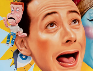 Close-up of a person's face with colorful cartoon characters in the background