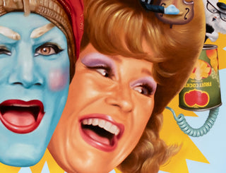 Colorful poster with a character with blue face makeup and another with blonde hair, next to a can of fruit punch.