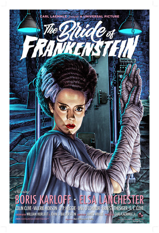 Vintage movie poster for 'The Bride of Frankenstein' with a woman in a blue dress and white gloves.