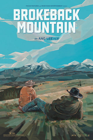 Movie poster for 'Brokeback Mountain' featuring two cowboys sitting on a mountain top.