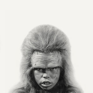 Black and white drawing of a human monster with puffy hair and thick eyebrows