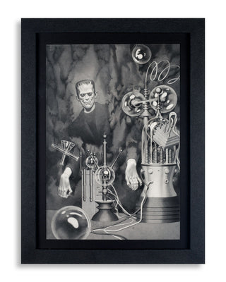 Framed view of Joao Ruas' Frankenstein illustration.