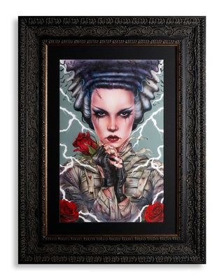 Framed view of Brian M. Viveros' painting of the Bride of Frankenstein.