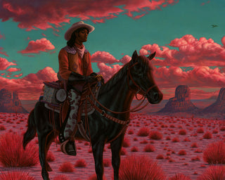 Cowboy riding a horse in a desert landscape with pink clouds