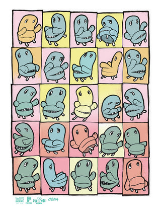 Multiple images of a dancing animated stuffed chair in multiple squares. Blues, yellows and pinks.