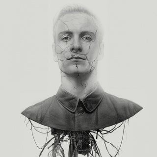 Black and white drawing of a man with cracks on his face