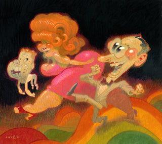 Cartoon-style illustration of a woman in a pink dress being chased by two men with animal features on a colorful landscape.
