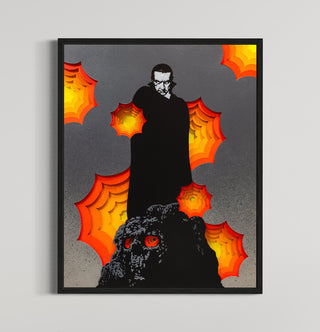 Framed artwork of a silhouette with glowing orange spider webs on a gray background