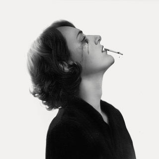 Black and white drawing of a woman crying while smoking