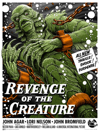 Vintage-style movie poster for 'Revenge of the Creature' with a green creature in chains.