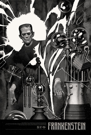 Black and white image of a creature from 'Frankenstein' with mechanical elements and text.