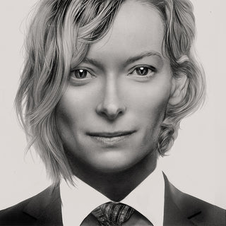 Black and white drawing of a person with blonde hair and snake eyes