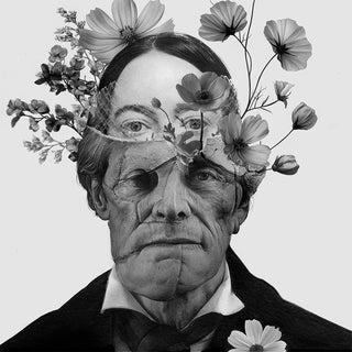 Black and white portrait artwork of an elderly man's face, overlaid with layered flower blossoms and stems against a light gray background.