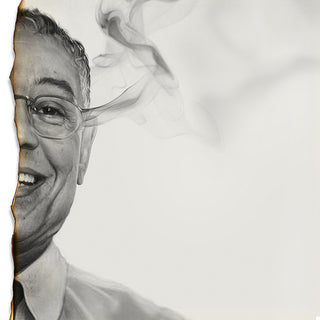 Black and white drawing of a man with glasses and smoke