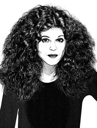 Black and white line drawing of Gilda Radner by artist Nicole Rifkin.