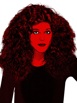 Red and black line drawing of Gilda Radner by artist Nicole Rifkin.