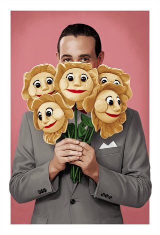 Pee-wee Herman holding a bouquet of flowers against a pink background.