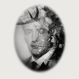 Black and white drawing of a man in a suit and tree branches
