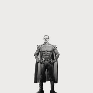 Black and white drawing of a man wearing a superhero outfit