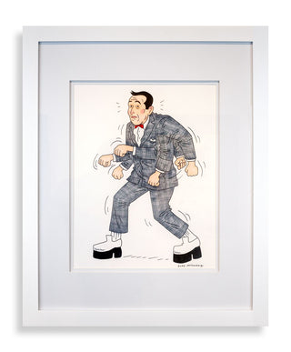 Framed cartoon illustration of a character in a checkered suit and high boots on a white background