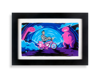 Framed artwork of a man on a pink scooter with pink creatures in a stylized setting.