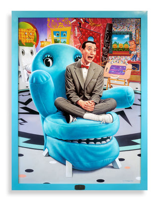 Person in a suit sitting on a blue chair with a colorful, cartoon-like background