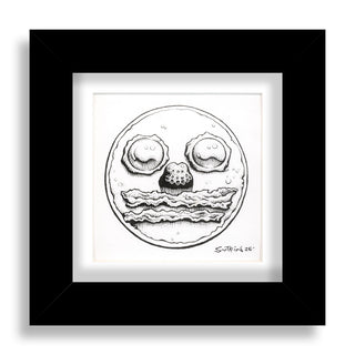 Black and white illustration of a face made from food items in a black frame.
