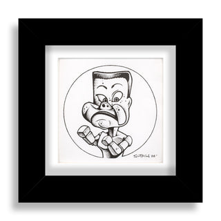 Framed black and white illustration of a cartoon character with a serious expression.