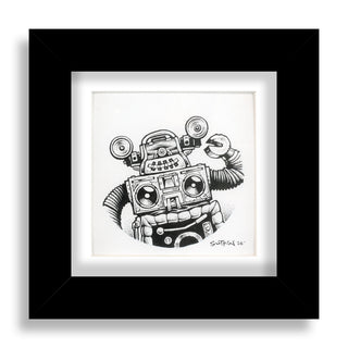 Framed black and white illustration of a robot with a boombox on a white background