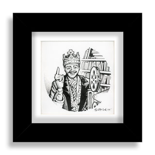 Framed black and white illustration of a person with a crown and books