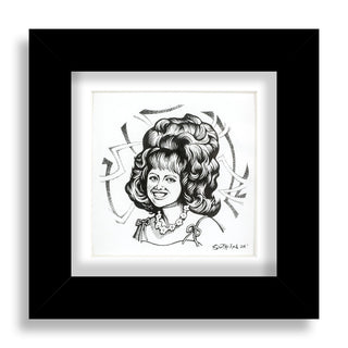 Framed black and white portrait drawing of a woman with decorative elements.