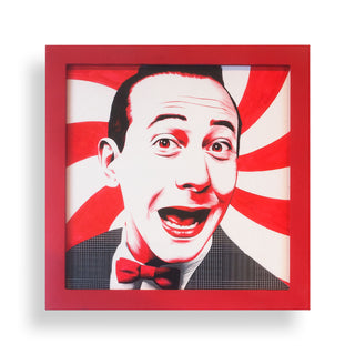 Framed artwork of a stylized portrait with red and white stripes on a white background