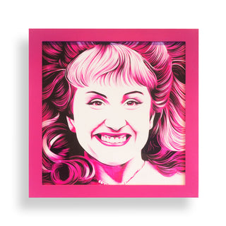 Framed artwork of a person with pink hair and a bright pink frame.