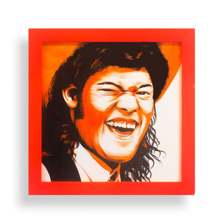 Framed artwork of a stylized portrait with a red border on a white background