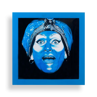 Blue-themed artwork with a stylized face and headpiece in a blue frame.