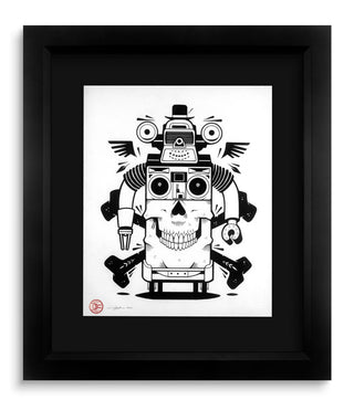 Framed black and white illustration of a robot skeleton with crossbones on a white background