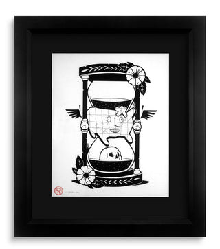 Framed black and white illustration of a character holding an hourglass with decorative elements.