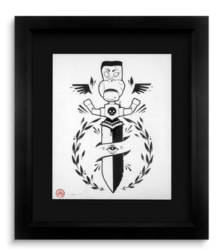 Framed black and white illustration of a character with wings and a weapon on a white background