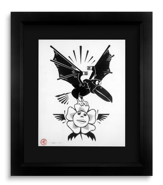 Framed artwork of a black and white illustration of a bird perched on a flower with a black frame.