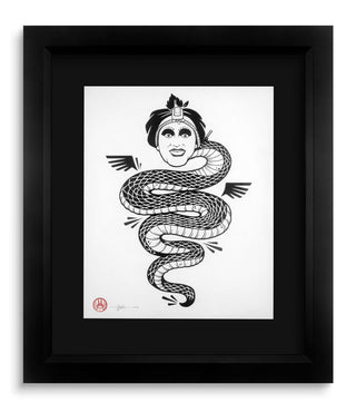 Framed black and white artwork of a woman with a snake coiled around her on a white background.