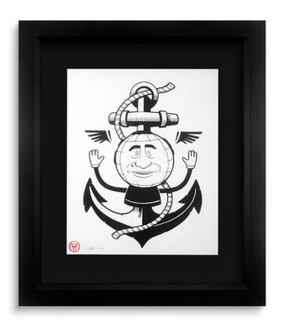 Framed black and white illustration of a smiling face with wings inside an anchor on a white background