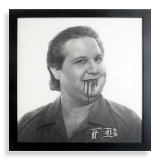 Black and white portrait of a person with a logo on their shirt, framed in black.